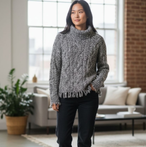 Boho Fringe Cowl Turtleneck 100% Cotton Short Sweater - Picture 10 of 10